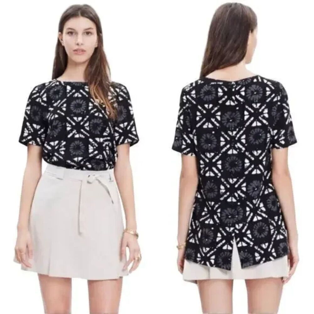 Madewell Industry Button-Back Short Sleeve Batik Grid Top Black & White Size XXS